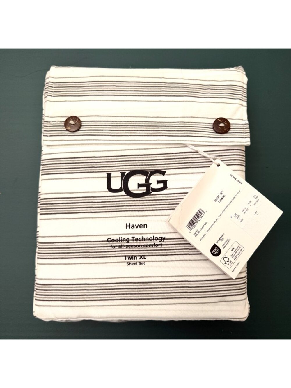 UGG Haven Cooling Technology Twin XL Sheet Set White Gray Stripe NWT